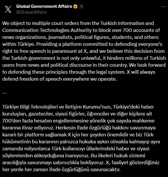 X'ten Türkiye'deki 700'den Fazla Hesaba Erişim Engeli Açıklaması